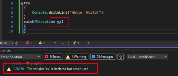 Warning highlighted in code by the green squiggle, and also appearing in the Error List