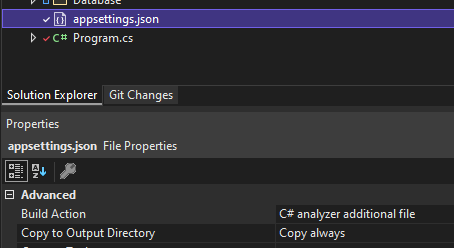 Appsettings.json build action