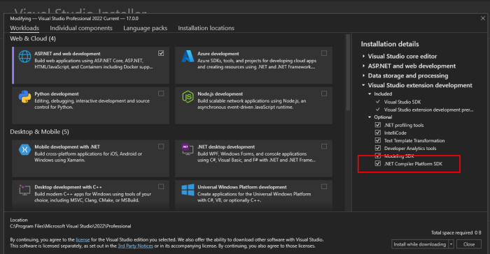 .NET Compiler Platform SDK selection