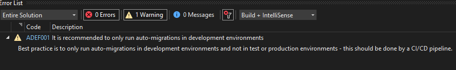 The diagnostic result information displayed in Visual Studio